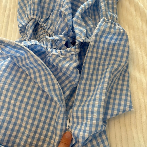 H&M Blue Gingham Cut-Out Mini Dress Puff Sleeve Tie Back Summer Dress Size M - Picture 7 of 7